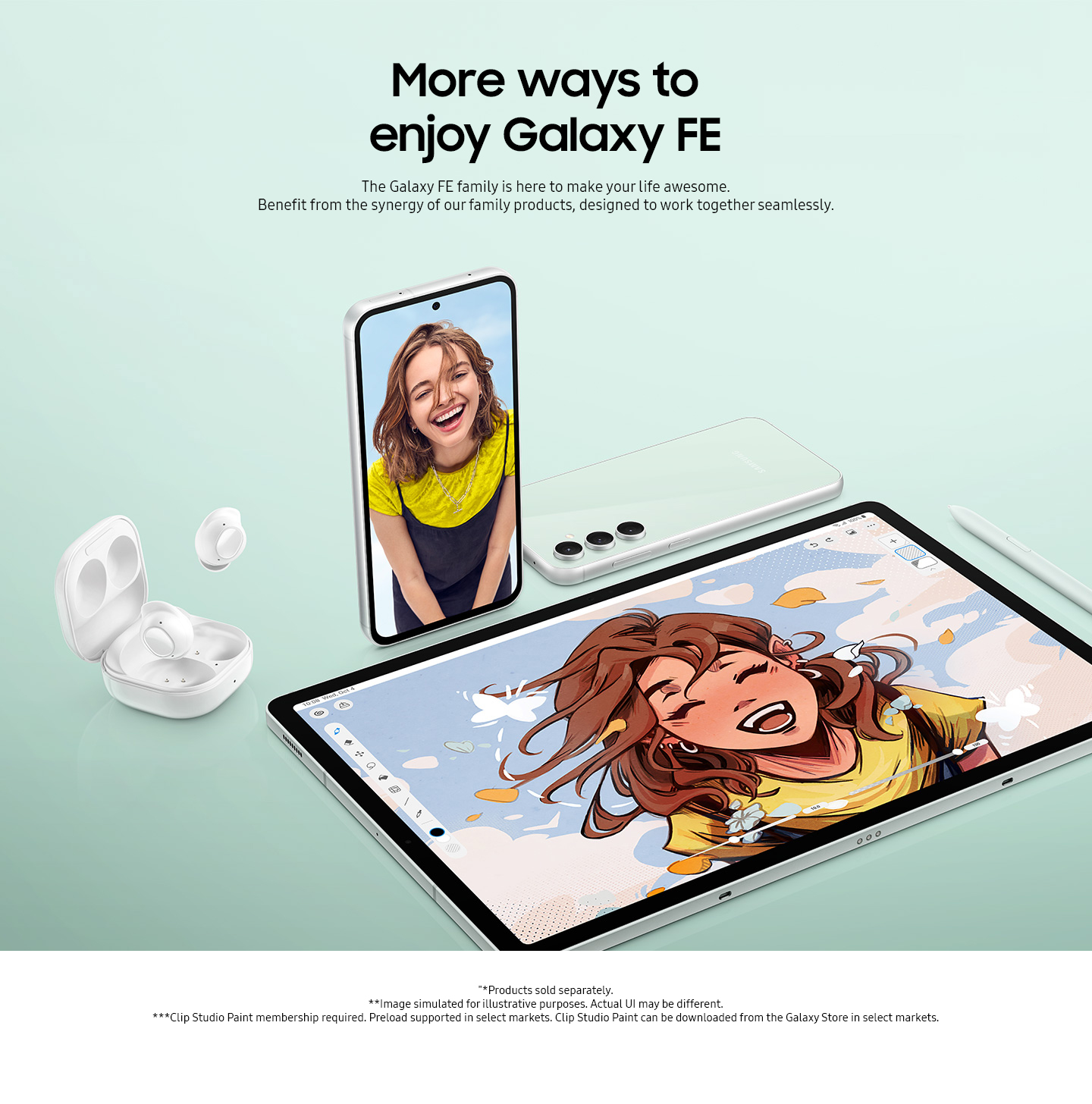 An open case of Galaxy Buds FE is seen with one earbud inside and one earbud outside. A Galaxy S23 FE device stands upright with a smiling woman on its screen. Another Galaxy S23 FE device lies face down showing its rear. A Galaxy Tab S9 FE Plus tablet shows a digital drawing of the smiling woman, with an S Pen placed nearby.