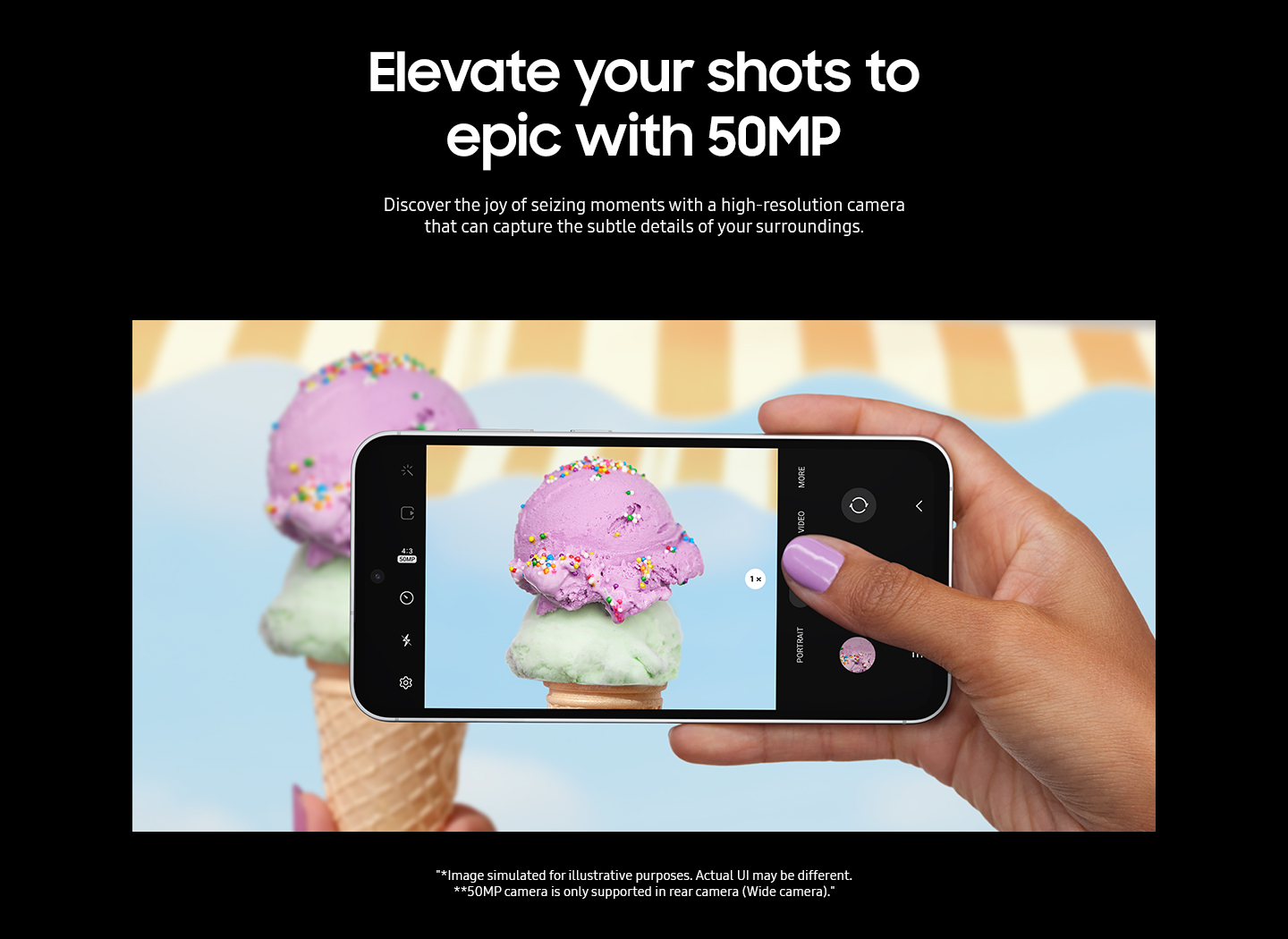 A hand taking a picture with a Galaxy S23 FE device seen from the front and horizontal. The screen in picture mode shows a clear and detailed picture of an up-close ice cream scoop with colourful sprinkles.