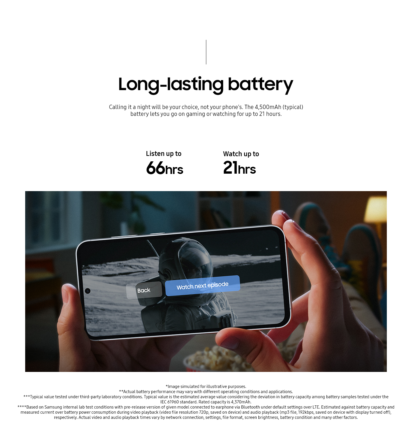 Two hands hold a Galaxy S23 FE device showing the end of a series onscreen. A subtitle reads watch next episode, back to highlight that the device has long-lasting battery. Text reads Listen up to 66 hours, Watch up to 21 hours