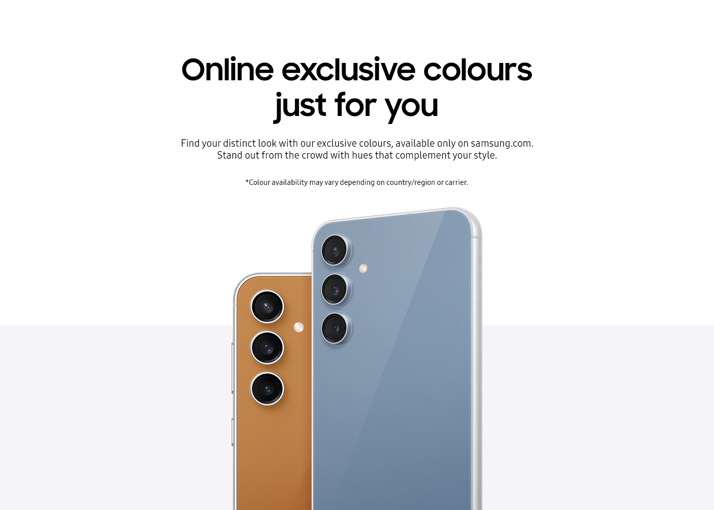 Two Galaxy S23 FE devices. One in Indigo, stands upright and is seen from the rear in front of the other in Tangerine.