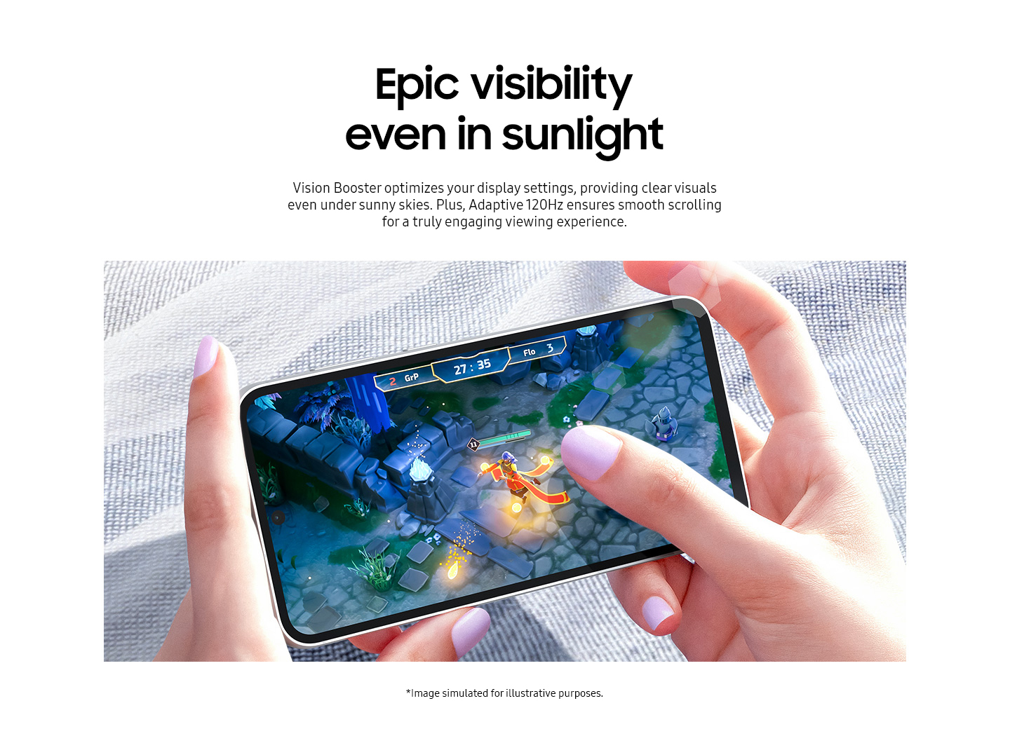 Two hands playing a video game on a Galaxy S23 FE device in bright daylight. The screen shows a clear image thanks to Vision Booster.
