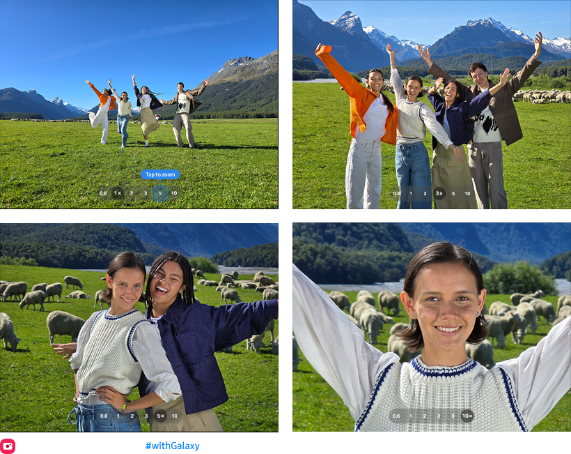 A photo of an open field and mountains with figures near the horizon taken at 1x zoom. A photo of an open field and mountains with a group of friends in the foreground 3x optical zoom.
                A portrait two friends with an open field and mountains in the background taken at 5x optical zoom.
                A close-up portrait a woman with an open field and mountains in the background taken at 10x optical quality zoom.