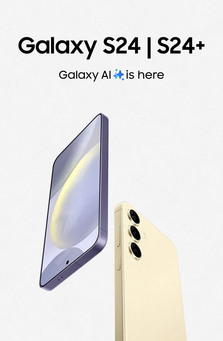 Galaxy S24 | S24+ Galaxy AI is here. Galaxy S24 Plus in Cobalt Violet is seen from the front and Galaxy S24 in Amber Yellow is seen from the rear.