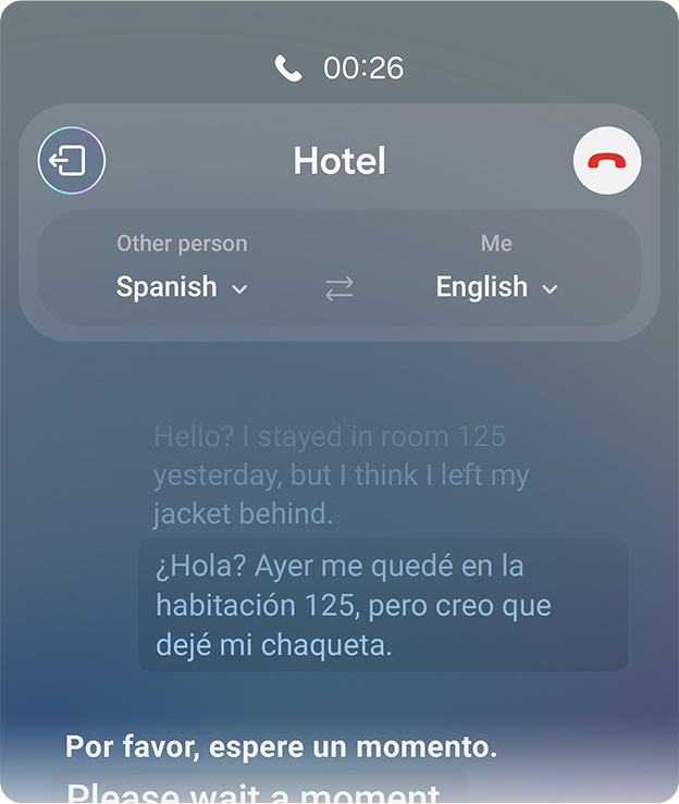 A phone call is translated in real time. The dialogue is shown on screen as a text conversation in two languages.