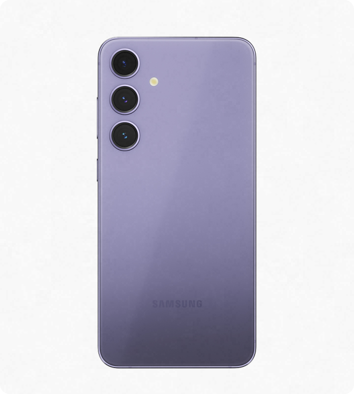 Extreme close-ups of the corners of Galaxy S24 Plus. The device turns slowly. Next, a close up shot starts with the side keys and rotates to the rear panel. Next, the device seen in full from the rear.