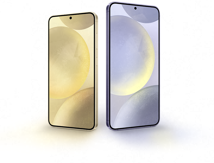 Galaxy S24 in Amber Yellow and Galaxy S24 Plus in Cobalt Violet are seen from the front.