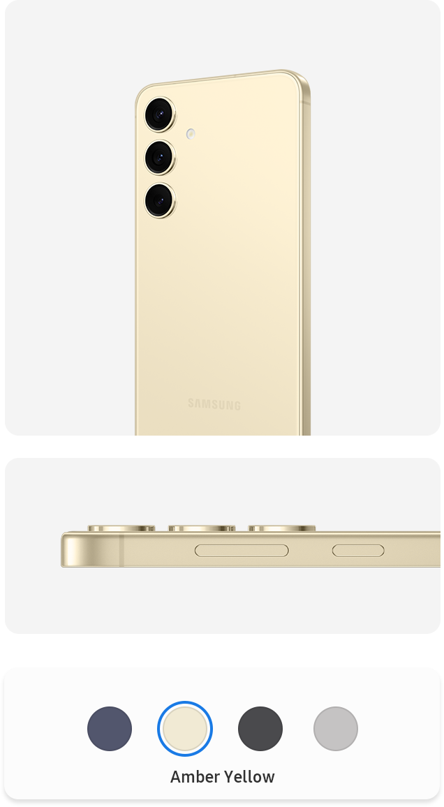 Two Galaxy S24 Series devices in Amber Yellow. One stands upright and is seen from the rear. The other phone is seen from the side to show the frame's edges.