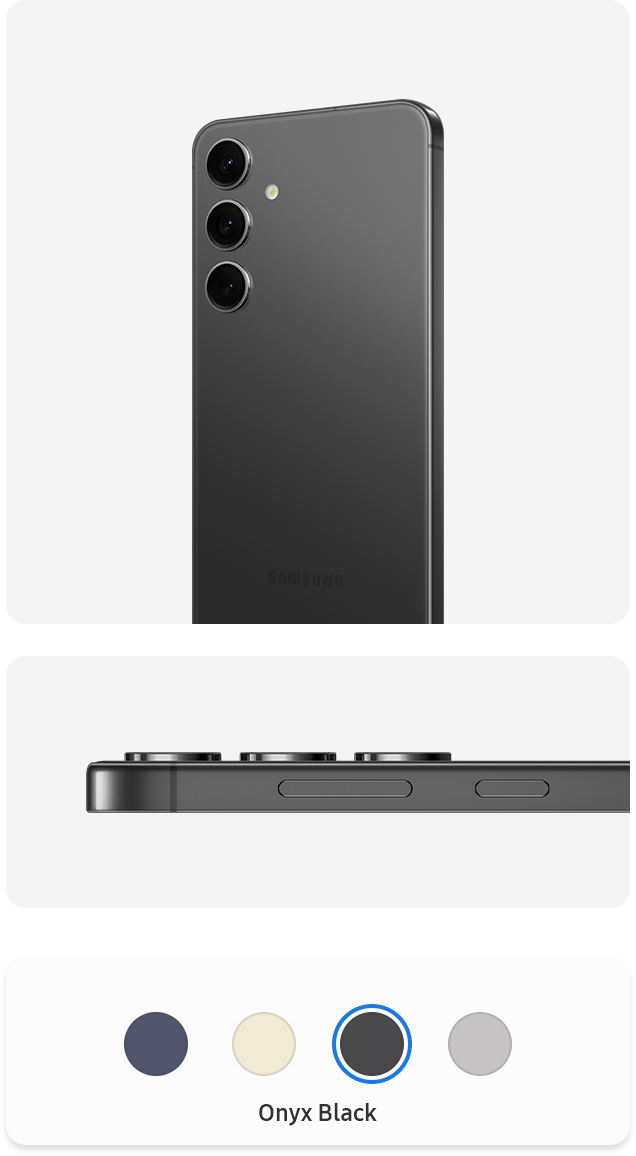 Two Galaxy S24 Series devices in Onyx Black. One stands upright and is seen from the rear. The other phone is seen from the side to show the frame's edges.