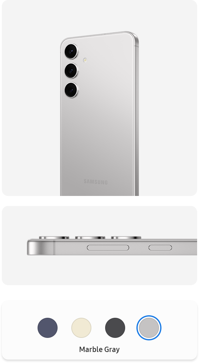 Two Galaxy S24 Series devices in Marble Gray. One stands upright and is seen from the rear. The other phone is seen from the side to show the frame's edges.