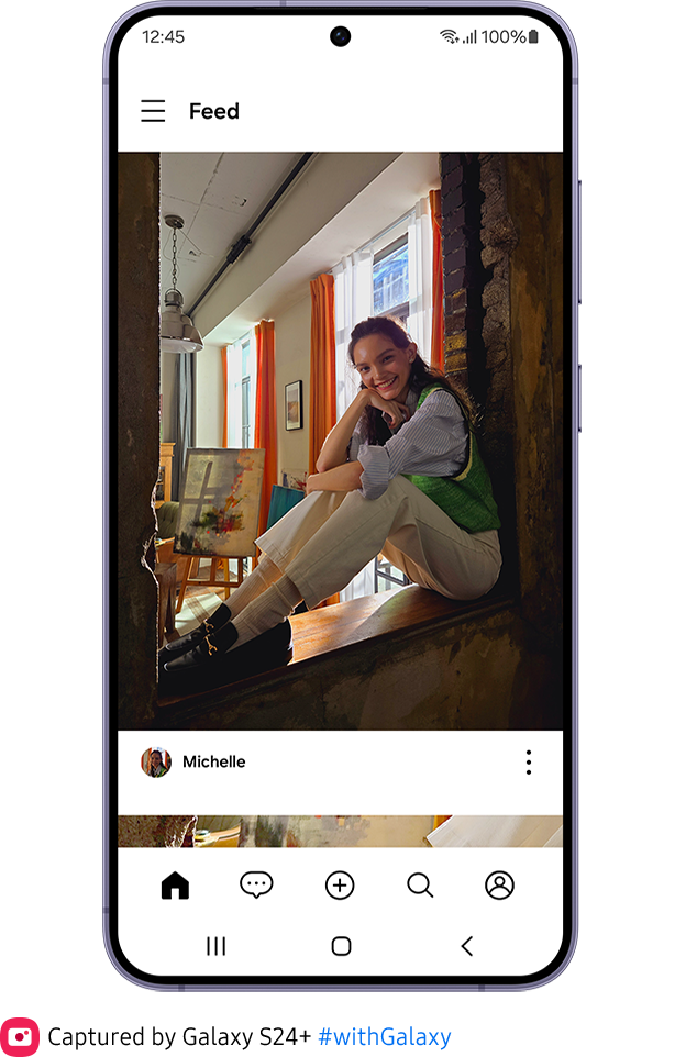 In the Camera app's preview window, a photo is taken.Then, the Gallery button is tapped to open the most recent photo in the Gallery. The share button is tapped. A photo is selected to be shared. Then, a social media app is selected. The photo appears in the social media app to be uploaded as a new post. The photo is then seen as an uploaded post in the app's feed.