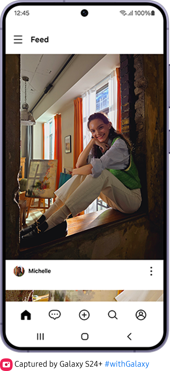In the Camera app's preview window, a photo is taken.Then, the Gallery button is tapped to open the most recent photo in the Gallery. The share button is tapped. A photo is selected to be shared. Then, a social media app is selected. The photo appears in the social media app to be uploaded as a new post. The photo is then seen as an uploaded post in the app's feed.