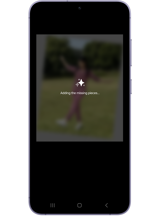 background fill video. A photo is edited in the Gallery app. To straighten it, the photo is rotated and empty corners appear in the frame. Then, missing areas and background are filled in.