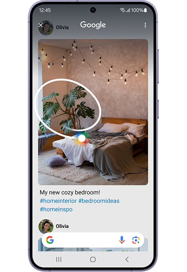 circle to search video. A plant seen in a social media image post is traced on-screen. A Google search bar appears. The plant is identified and connected to a Google search result page about the plant.