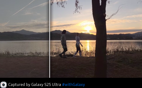 Galaxy S25 Ultra main screen shows two subjects walking by a lake while being shot in Log video mode. The footage in shooting mode is shown in low contrast and when professional colour grading is applied, a more dynamic range of colour and contrast is seen.