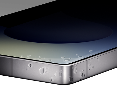 Close up of the corner of Galaxy S25 Ultra. A sheet of strong?glass hovers above the main screen.