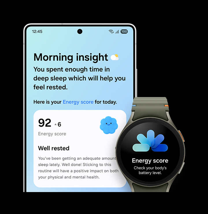 Galaxy S25 Ultra is seen from main screen. Now Brief is active. The Morning Insight shows today's Energy Score which has also been synced to Galaxy Watch.