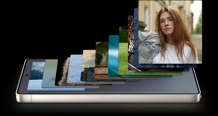 Galaxy S25 Ultra is seen with various widgets on the main screen. The device is flanked by other widgets and notifications. To the left, gallery widget, weather widget and music, exercise and timer Now Bar alerts. To the right, notifications can be seen.