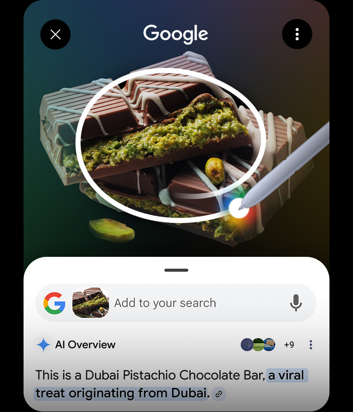 S Pen circles around some Dubai chocolate. Google search bar is seen underneath.
