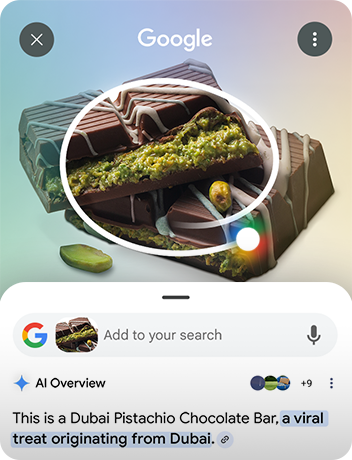 Encercler pour rechercher avec Google. Du chocolat de Dubaï est encerclé. La barre de recherche Google est affichée en dessous.