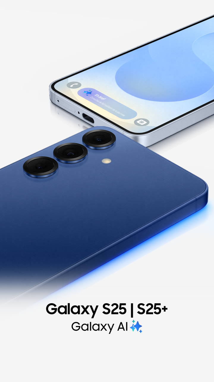 Galaxy S25 and S25 plus devices, one above the other, at a slight angle. Samsung. Galaxy AI. 