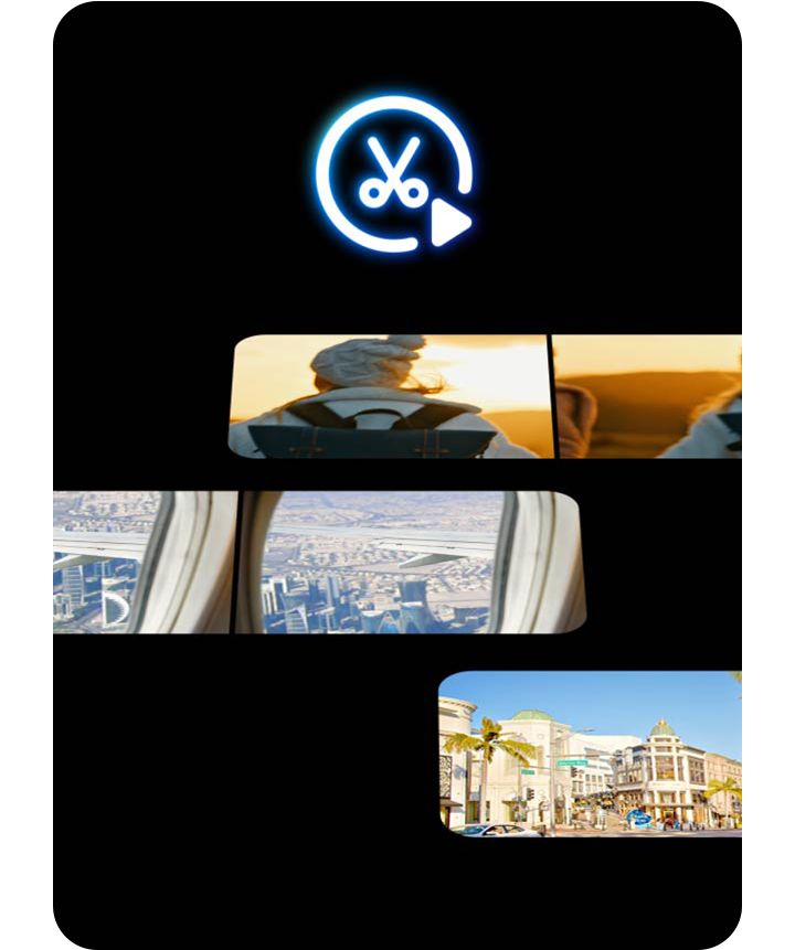 Highlights from a number of different videos are seen being edited together using Auto Trim.