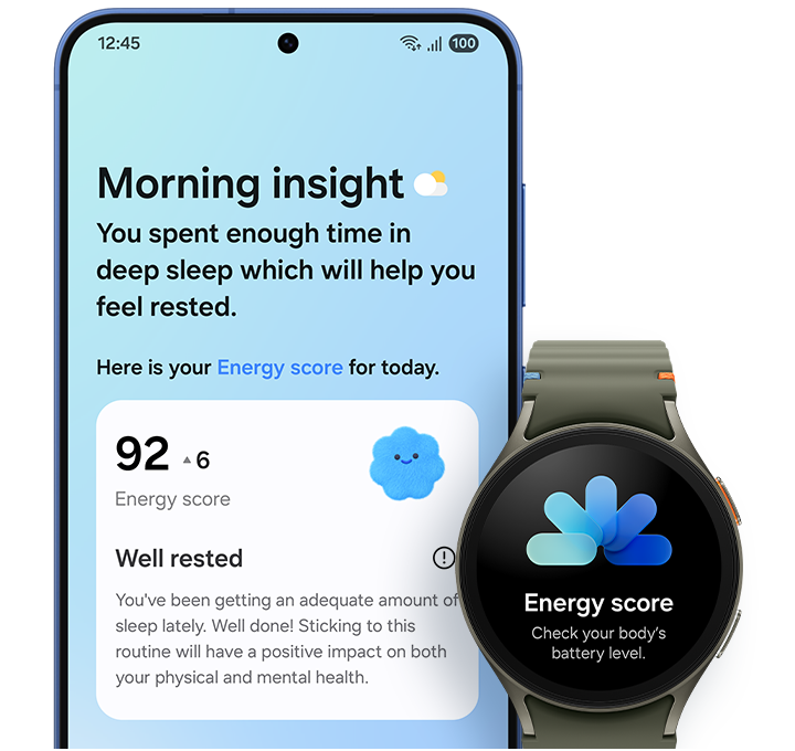 Galaxy S25 plus is seen from main screen. Now Brief is active. The Morning Insight shows today's Energy Score which has also been synced to Galaxy Watch.