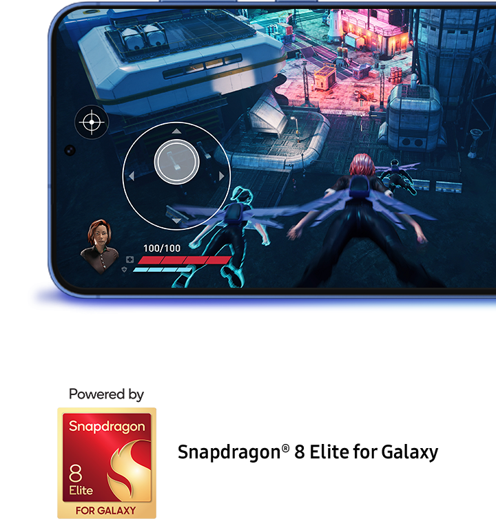 Customized for Galaxy AP is seen floating above the chip board before it rests on top. Various rays of light come out from the AP before transforming into Galaxy S25 plus device. The device is seen horizontal from side profile before rotating to show a scene from Wuthering Waves game on the main screen. Powered by Snapdragon 8 Elite for Galaxy.