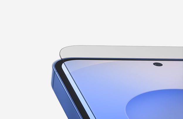Close up of the corner of Galaxy S25 plus is seen. One sheet of glass floats on top of the main screen.