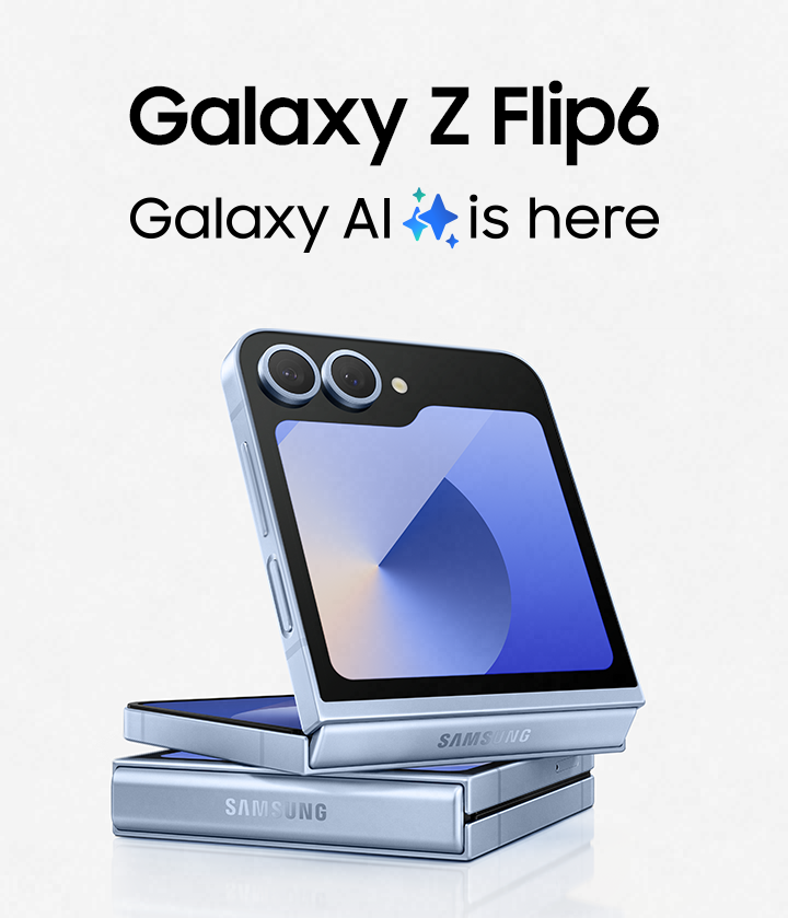 Galaxy Z Flip6 in FlexMode and seen from the FlexWindow stacked on top of another closed Galaxy Z Flip6.