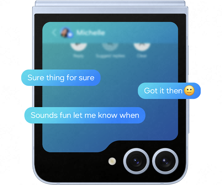 Text message conversation appears on the FlexWindow of Galaxy Z Flip6. Suggested Replies suggests three possible responses for the last message received.