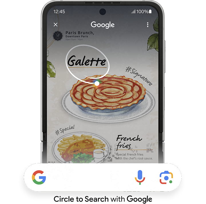 A close up of Galaxy Z Flip6 main screen with the word 'Galette' circled on a menu. A Google search bar is seen underneath. Circle to Search with Google logo.