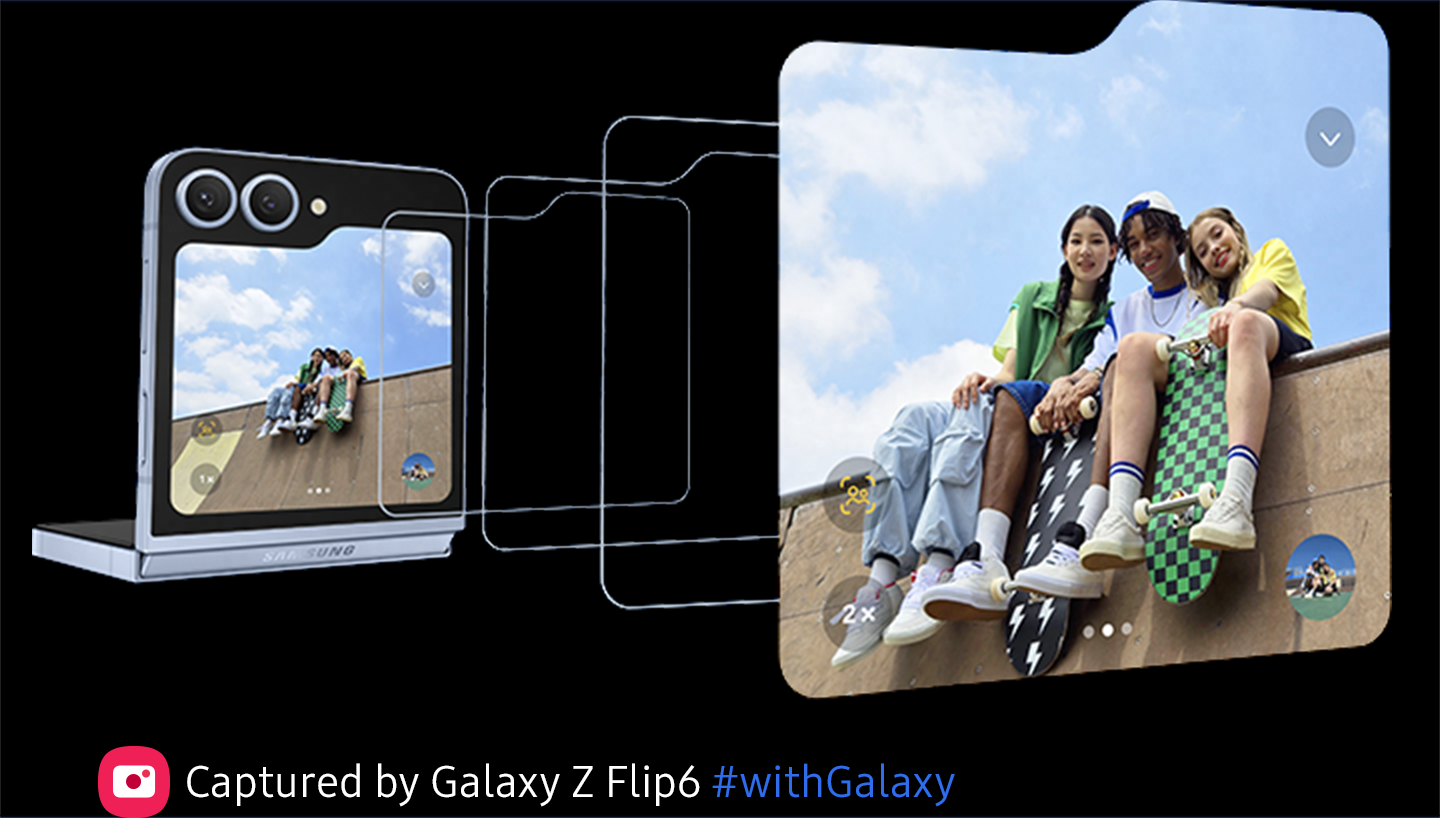 A photo of three friends is seen from Galaxy Z Flip6's FlexWindow. Auto zoom is used to zoom in on the subjects hands-free.