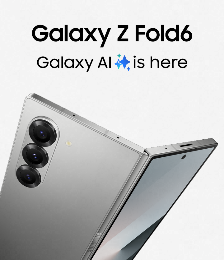 Galaxy Z Fold6 is slightly unfolded and seen from a slanted angle.