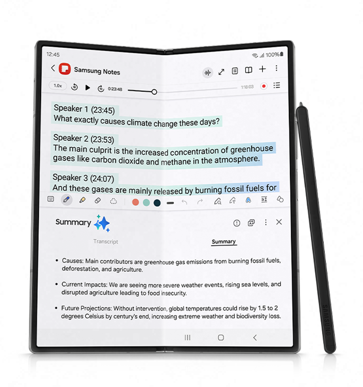 The Voice recording button is tapped from the Samsung Notes app. With a press on the Summary button, the transcription is summarized.