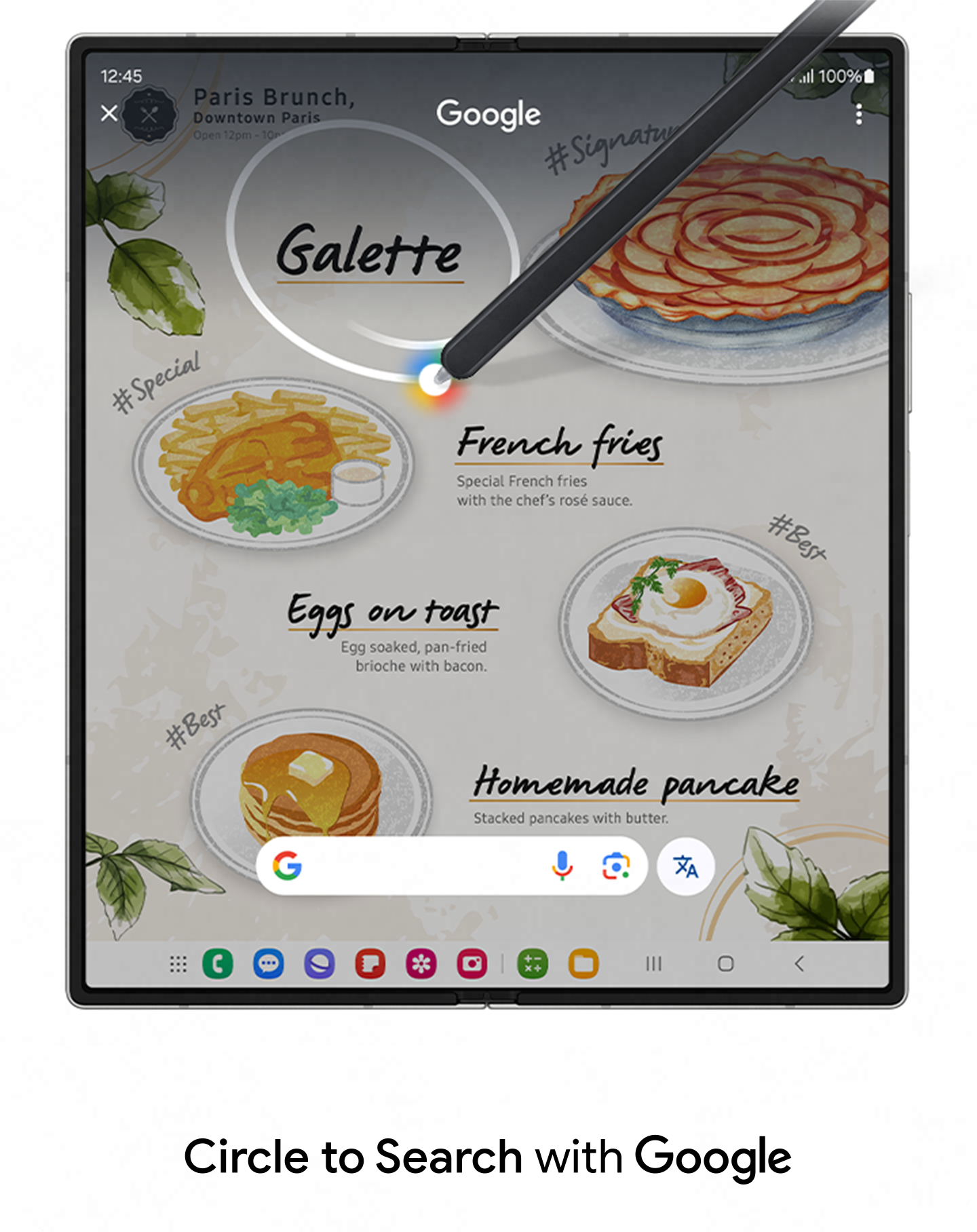 A menu of a restaurant is open. S Pen is used to circle text page: Galette. Search results appear in a Circle to Search with Google pop-up.