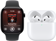 Apple Watch Series 11, titanium slate case, band: black sport band, Apple Music app open, paired with AirPods 4