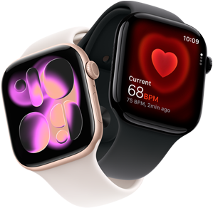 Apple Watch Series 11, aluminum rose gold, Responsive Art watch face, right side exterior: Digital Crown, microphone, side button, light blush Sport Band, Apple Watch Series 11, aluminum jet black, Heart Rate app, current beats per minute, right side exterior: Digital Crown, black Sport Band
