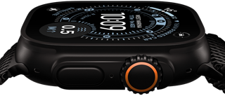 Apple Watch Ultra 3, side exterior, black titanium case, compass on Orienteering watch face, side button and digital crown