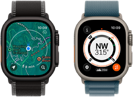 Two Apple Watch Ultra 3 devices, one showing maps and the other showing Backtrack features, including compass, elevation and marked waypoints