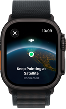 Apple Watch Ultra 3, black colour, titanium case, "Keep Pointing at Satellite" over Earth with a location on screen, band, Alpine Loop