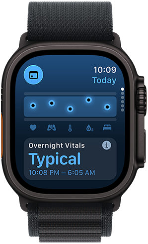 Apple Watch Ultra 3, black colour titanium case, Vitals app, chart scoring health, Overnight Vitals outliers notification