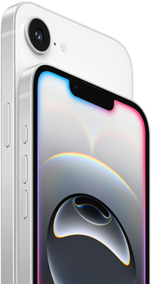 Side view of iPhone 16e in White finish, side exterior, Action button, volume buttons and back Fusion camera