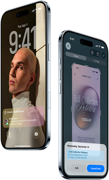 Two iPhone Air devices, front exterior, side exterior, thin profile, Lock Screen, visual intelligence feature in use