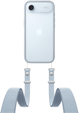 iPhone Air, back exterior, Sky Blue colour, Fusion camera system near top, centred Apple logo, Crossbody Strap with Bumper in light grey colour attached
