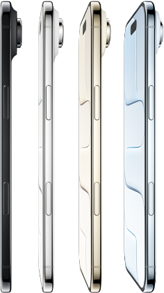 iPhone Air, side exterior, all four finishes, Sky Blue, Light Gold, Cloud White, Space Black, very thin profile, Fusion camera system, buttons: side, Camera Control