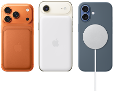 iPhone 17 Pro, back exterior, Cosmic Orange colour, with FineWoven Wallet with MagSafe in Fox Orange colour; iPhone Air, back exterior, Light Gold colour, with Magsafe Battery; iPhone 17, back exterior, Mist Blue colour, with Silicone Case in Anchor Blue colour and MagSafe Charger