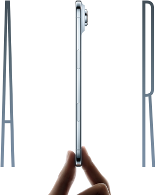 A thumb and forefinger holding iPhone Air, side exterior, Sky Blue colour, very thin profile, Fusion camera system, buttons: side, Camera Control