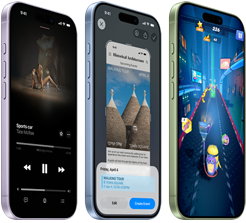iPhone 17 devices, exterior front, exterior side, demonstrating Apple Music, Visual intelligence, gaming, buttons: Action button, volume