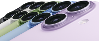 iPhone 17, exterior rear, Fusion dual-camera system, all five colours overlapping: Black, White, Sage, Mist Blue and Lavender