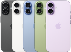 iPhone 17, exterior rear, Fusion dual-camera system, all five colours overlapping: Black, White, Mist Blue, Sage and Lavender